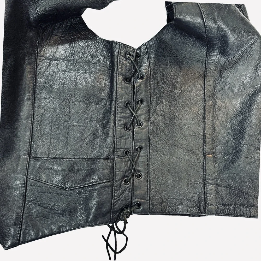 UNIK Leather Motorcycle Vest Men Sz 42 Snaps Lace-Up Sides Pockets Biker‎